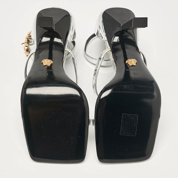 Silver Leather Safety Pin Ankle Strap Sandals