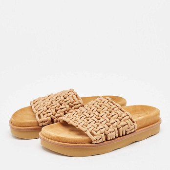 Beige Woven Leather Kacey Flat Slides