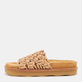 Beige Woven Leather Kacey Flat Slides