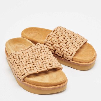 Beige Woven Leather Kacey Flat Slides