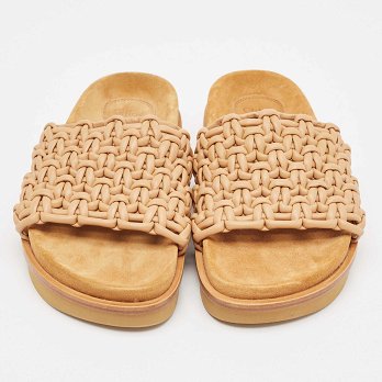 Beige Woven Leather Kacey Flat Slides