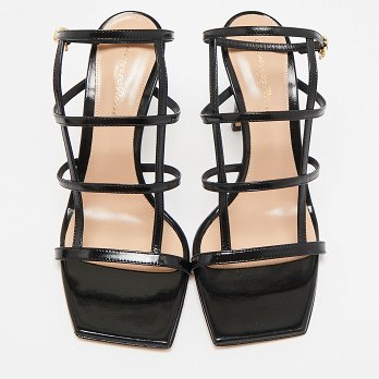 Mondry Black Leather Ankle Strap Sandals