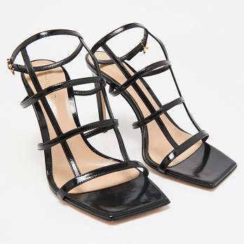 Mondry Black Leather Ankle Strap Sandals
