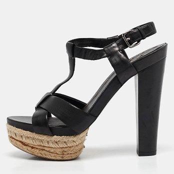 Black Leather Platform Ankle Strap Sandals