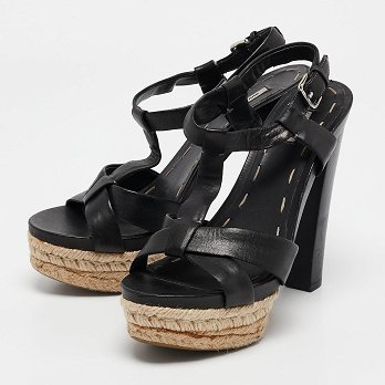 Black Leather Platform Ankle Strap Sandals