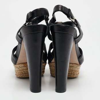 Black Leather Platform Ankle Strap Sandals