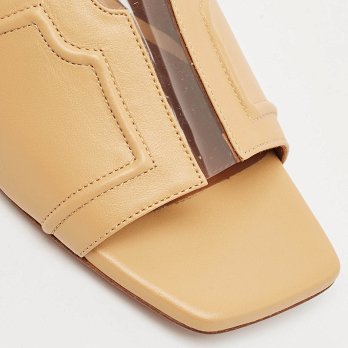 Beige Leather and PVC Silvia Flat Slides