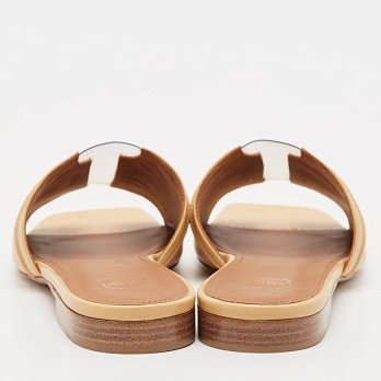 Beige Leather and PVC Silvia Flat Slides