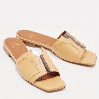 Beige Leather and PVC Silvia Flat Slides