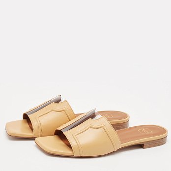 Beige Leather and PVC Silvia Flat Slides