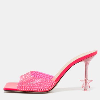 Neon Pink PVC Crystal Embellished Star Slide Sandals