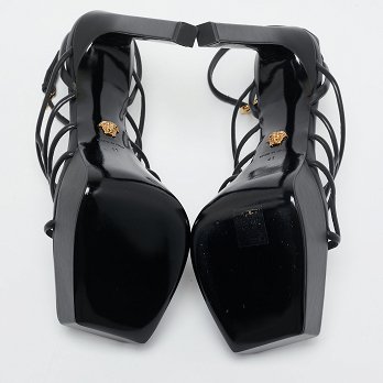 Black Leather Greca Cage Platform Sandals