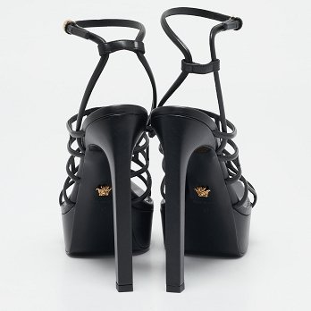 Black Leather Greca Cage Platform Sandals