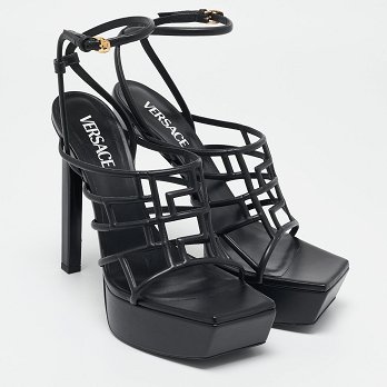Black Leather Greca Cage Platform Sandals