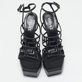 Black Leather Greca Cage Platform Sandals