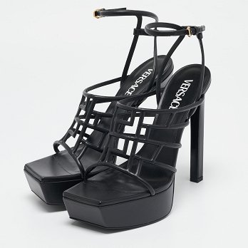 Black Leather Greca Cage Platform Sandals