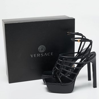 Black Leather Greca Cage Platform Sandals