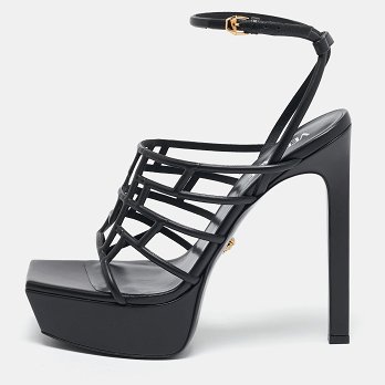 Black Leather Greca Cage Platform Sandals