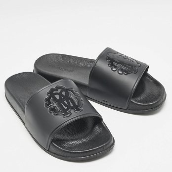 Black Rubber Logo Flat Slides