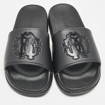 Black Rubber Logo Flat Slides