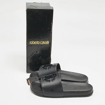 Black Rubber Logo Flat Slides