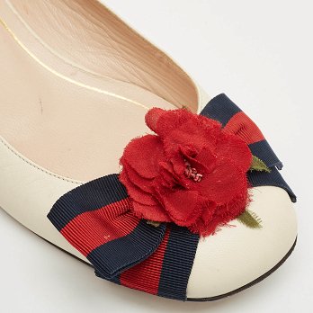 Cream Leather Web Bow Rose Detail Ballet Flats