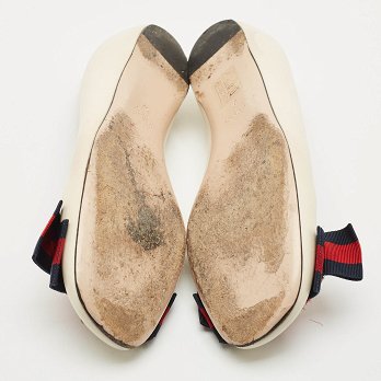 Cream Leather Web Bow Rose Detail Ballet Flats