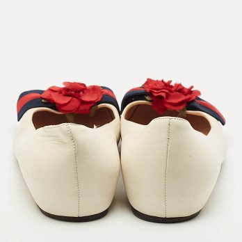 Cream Leather Web Bow Rose Detail Ballet Flats