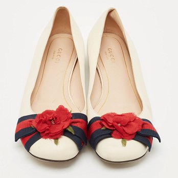 Cream Leather Web Bow Rose Detail Ballet Flats