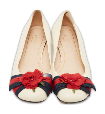 Cream Leather Web Bow Rose Detail Ballet Flats