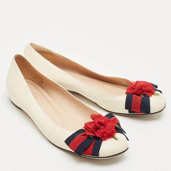 Cream Leather Web Bow Rose Detail Ballet Flats
