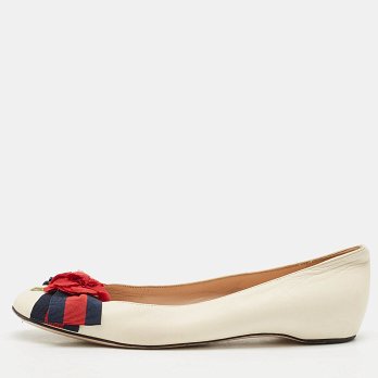 Cream Leather Web Bow Rose Detail Ballet Flats