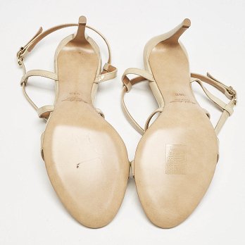 Beige Patent Leather Crisscross Ankle Strap Sandals