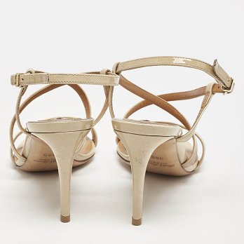 Beige Patent Leather Crisscross Ankle Strap Sandals
