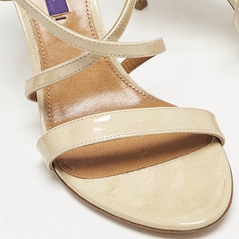 Beige Patent Leather Crisscross Ankle Strap Sandals