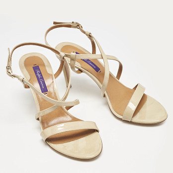 Beige Patent Leather Crisscross Ankle Strap Sandals