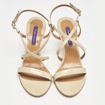Beige Patent Leather Crisscross Ankle Strap Sandals
