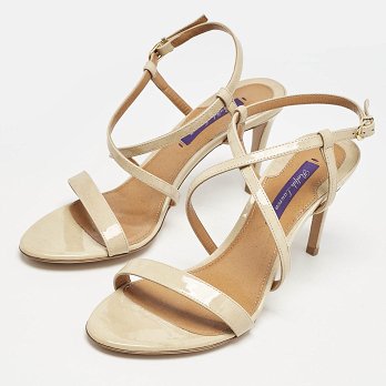 Beige Patent Leather Crisscross Ankle Strap Sandals