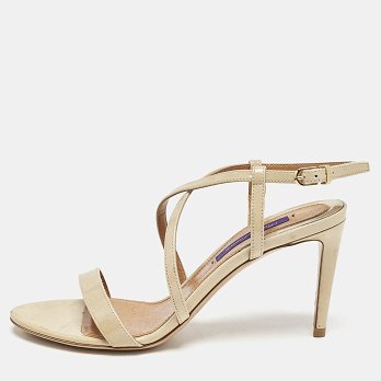 Beige Patent Leather Crisscross Ankle Strap Sandals