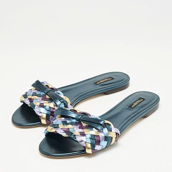 Multicolor Metallic Leather Woven Bow Flat Slide Sandals