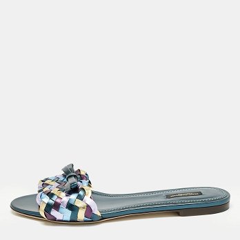 Multicolor Metallic Leather Woven Bow Flat Slide Sandals