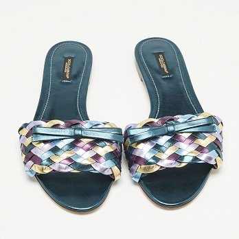 Multicolor Metallic Leather Woven Bow Flat Slide Sandals