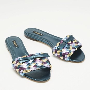 Multicolor Metallic Leather Woven Bow Flat Slide Sandals