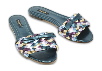 Multicolor Metallic Leather Woven Bow Flat Slide Sandals