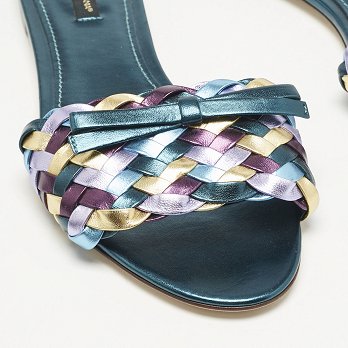 Multicolor Metallic Leather Woven Bow Flat Slide Sandals