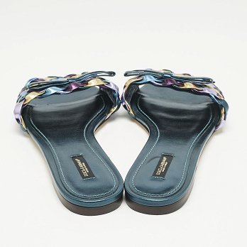 Multicolor Metallic Leather Woven Bow Flat Slide Sandals