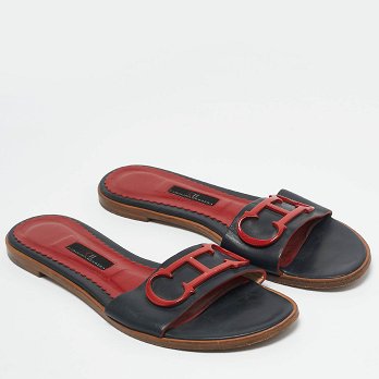 Navy Blue Leather Slide Sandals