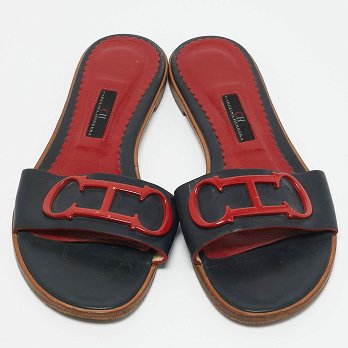 Navy Blue Leather Slide Sandals