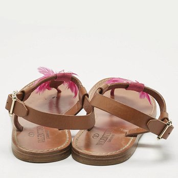 Brown/Pink Feather and Leather Flat Sandals