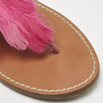 Brown/Pink Feather and Leather Flat Sandals